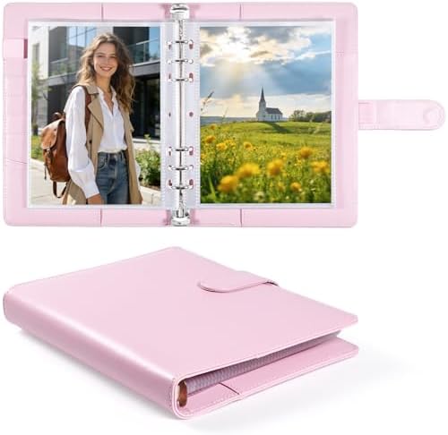 5x7 Photo Sleeve Album with 60 Pockets, A5 PU Leather Adjustable 6 Ring Binder, Clear Double-Sided Top Loading Pages for Photo Storage, Pink by WITHYU