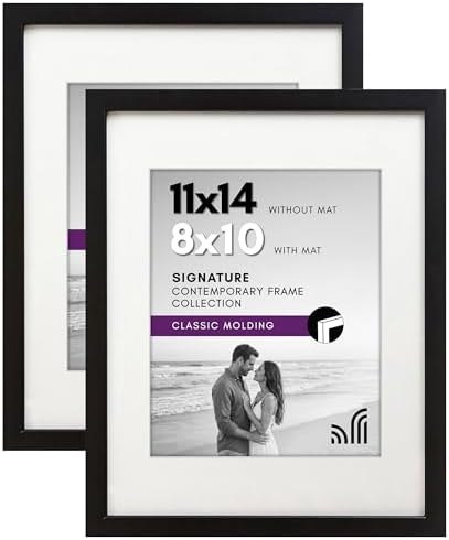 Americanflat 11x14 Picture Frame with Shatter-Resistant Glass - Set of 2 - Use as 8x10 Frame with Mat or Display 11x14 Photo Without Mat - Signature Collection - Picture Frames for Wall - Black by Americanflat