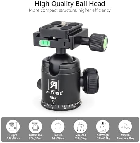 ARTCISE Tripod Ball Head Camera Tripod Ball Head Mount 36mm Diameter Ball ARTCISE All Metal CNC Professional Aluminium 360 Rotating Panoramic Ball Head Max Loading 33lbs - Image 2