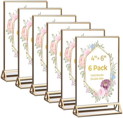 6 Pack Acrylic Sign Holder 4x6 Gold Frames, Wedding Table Number Holders Double Sided Vertical Clear Display Stand, Picture Holders for Tables, Menus, Flyers, Party and Office Decor by DECOHOBO