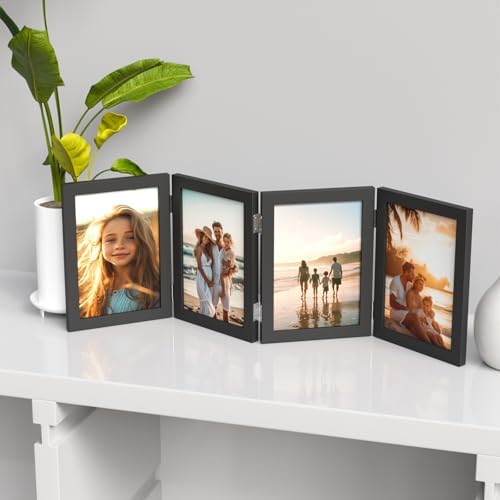 WARM&LOVE 4 Picture Frame, 4x6 Four Folding Hinged Photo Frames, Rustic Wood Desk Family Photo Collage Stand Vertical on Tabletop for Birthday Family Lover Gift (Black) - Image 6