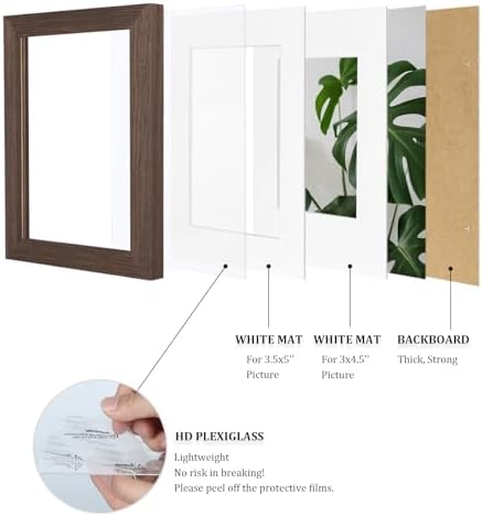 Egofine 4x6 Picture Frames Set of 4, Made of Solid Wood Covered by Plexiglass 3x4.5 and 3.5x5 with Mat or 4x6 without Mat, for Table Top Display and Wall Mounting Photo Frame Brown - Image 4