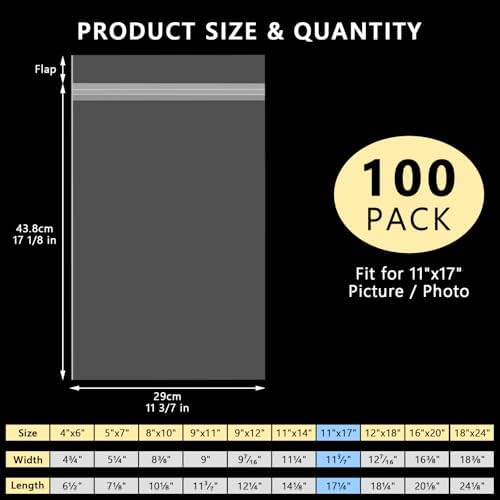 AUEAR 11"x17"Clear Plastic Sleeves Storage Bags for Art,Pictures,100 Pack - Image 2