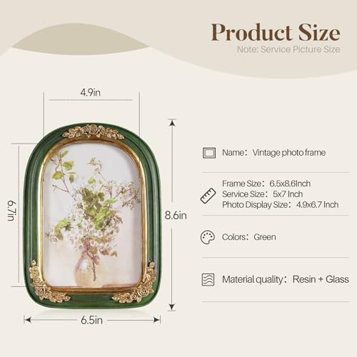 Cuspin 5x7 Arch Picture Frame Green and Gold Vintage Resin Photo Frame - Image 5