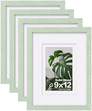 Egofine 9x12 Picture Frames Set of 4, Made of Solid Wood Covered by Plexiglass 5x7 and 6x8 with Mat or 9x12 without Mat, for Table Top Display and Wall Mounting Photo Frame Rustic Green by Egofine