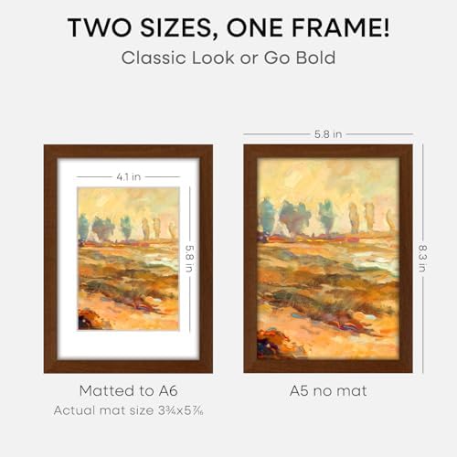 Homeforia A5 Brown Oak Picture Frame, High-End Wood, A6 Mat, Glass - Image 2