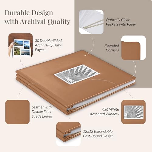 Old Town Bonded Leather Photo Album, Large Leather Scrapbook, Expandable Scrapbook Album 12x12 Double-Sided White Paper Pages and Optically Clear Pockets, Faux Suede Lining, Caramel - Image 3