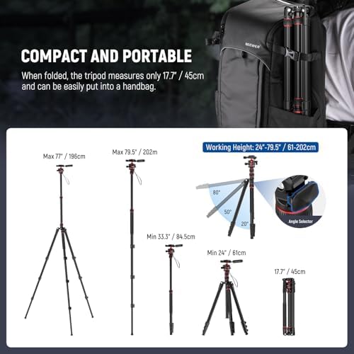 NEEWER Basics Camera Tripod Monopod, 77" Compact Lightweight Travel DSLR Video Stand, 360° Ball Head, Arca Type QR Plate, Reversible Legs & Inverted Central Axis, 13lb Max Load, TP08 - Image 3