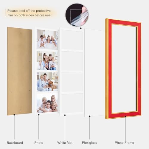 Suede 8x21 Picture Frame Display 4 Opening 5x7 Picture Frames Collage Wall Decor with Mat,Multi Photo Frame for Plexiglass,Wall Decor,1Pack,Red - Image 2