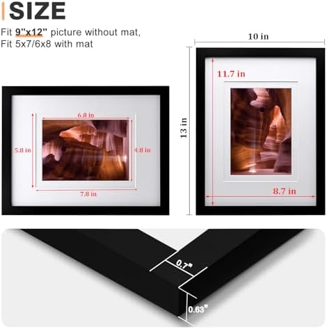 Egofine 9x12 Picture Frames Set of 4, Made of Solid Wood Covered by Plexiglass 5x7 and 6x8 with Mat or 9x12 without Mat, for Table Top Display and Wall Mounting Photo Frame Black - Image 3