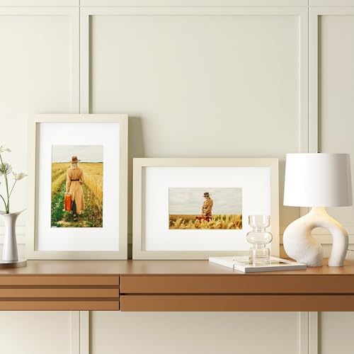 Egofine 8x12 Picture Frames Set of 4, Made of Solid Wood Covered by Plexiglass 5x7 and 6x8 with Mat or 8x12 without Mat, for Table Top Display and Wall Mounting Photo Frame Beige - Image 5