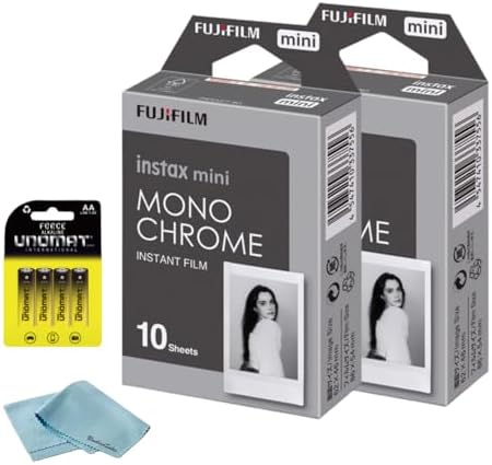 FUJIFILM Instax Mini Monochrome Instant Film (20 Shots) + 4 AA Batteries + BluebirdSales Microfiber Cleaning Cloth – Creative Photography Bundle (20 Shots Monochrome) by FUJIFILM
