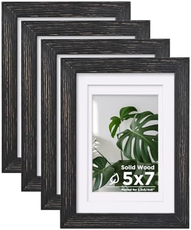 Egofine 5x7 Picture Frames Set of 4, Made of Solid Wood Covered by Plexiglass 3.5x5 and 4x6 with Mat or 5x7 without Mat, for Table Top Display and Wall Mounting Photo Frame, Driftwood Black by Egofine