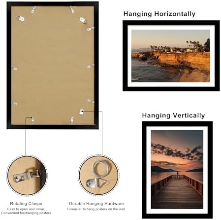 14x20 Poster Frame Set of 2, 14 x 20 Wood Picture Frames with Mat for 12x18, Wooden Photo Frame with Tempered Glass Cover for Wall Mounting Display, Black - Image 4