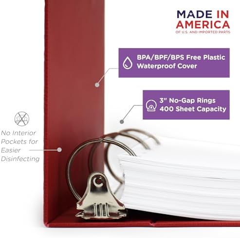 Carstens 3-Inch Heavy Duty 3-Ring Binder - Side Opening, Brick Red, Durable Plastic, Precision No-Gap Rings, Waterproof Cover, No Pockets, Holds 400 US Letter Sheets, BPA-Free, Made in USA (1740-3R) - Image 3