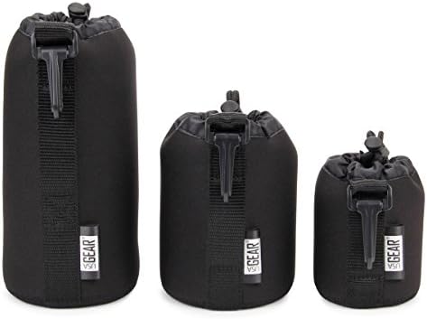 USA Gear FlexARMOR Protective Neoprene Lens Case Pouch Set 3-Pack - Small, Medium and Large Cases with Drawstring Opening, Attached Clip, Reinforced Belt Loop (Black) by USAGEAR