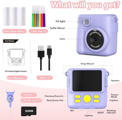 Instant Print Camera for Kids,Christmas Birthday Gifts for Age 3-12 Girls Boys，1080P HD Digital Video Cameras for Toddler,Kids Portable Toy with 3 Rolls Photo Paper，32GB Card-Purple - Image 6