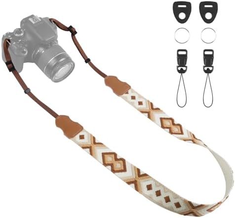 Universal Camera Strap - Camera Neck Strap, Adjustable Shoulder Straps Compatible with Canon, Fujifilm, Nikon, Olympus, Panasonic and other SLR and mirrorless cameras - Brown Beige White Weave by OIAWH