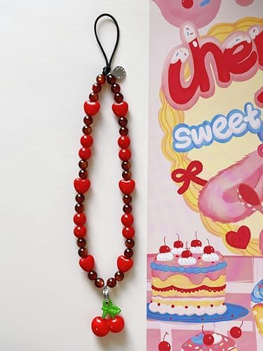 Drawwind Phone Charm Beaded Wristlet Strap Universal Cell Phone Lanyard Cute Bracelet Wrist Strap Beaded Chain String Handmade Accessories for Case Camera Bags (Sweet Cherries) - Image 3