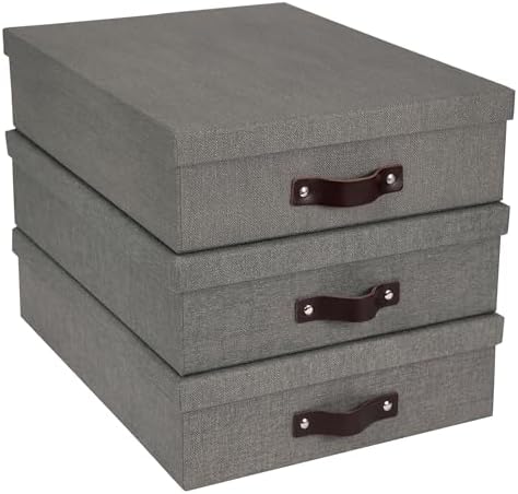 Bigso Box of Sweden Oskar Canvas Fiberboard Document Letter Box - File Organizer Box for Important Paperwork - Document Storage with a Lid & Handle - 3.3 in x 10.2 in x 13.8 in - 3 Pack - Grey by Bigso