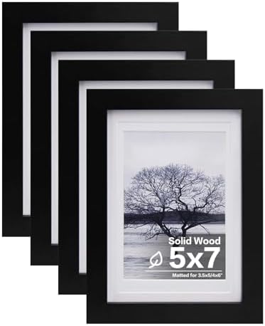 Egofine 5x7 Picture Frames Set of 4, Made of Solid Wood Covered by Plexiglass 3.5x5 and 4x6 with Mat or 5x7 without Mat, for Table Top Display and Wall Mounting Photo Frame Black by Egofine