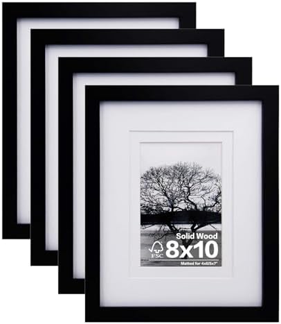 Egofine 8x10 Picture Frames Set of 4, Made of Solid Wood Covered by Plexiglass 4x6 and 5x7 with Mat or 8x10 without Mat, for Table Top Display and Wall Mounting Photo Frame Black by Egofine