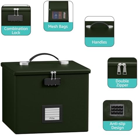 Army Green Fire Proof File Box for Documents - Portable Fireproof Document Organizer Box with Handle Waterproof Safe Locking Folder Storage with Lid - Image 5