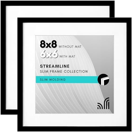 Americanflat 8x8 Picture Frame with Shatter-Resistant Glass - Set of 2 - Use as 6x6 Frame with Mat or Display 8x8 Photo Without Mat - Streamline Collection - Square Frames for Tabletop or Wall - Black by Americanflat