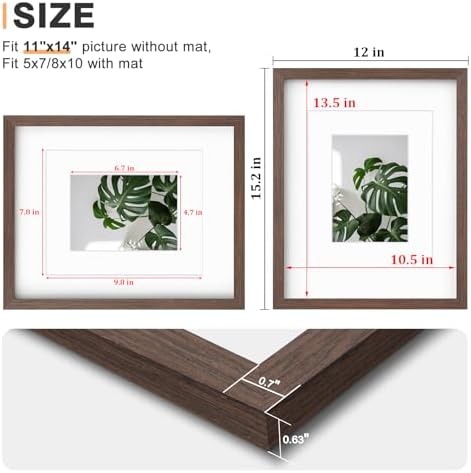 Egofine 11x14 Picture Frames Set of 4, Made of Solid Wood Covered by Plexiglass 5x7 and 8x10 with Mat or 11x14 without Mat, for Table Top Display and Wall Mounting Photo Frame Brown - Image 3