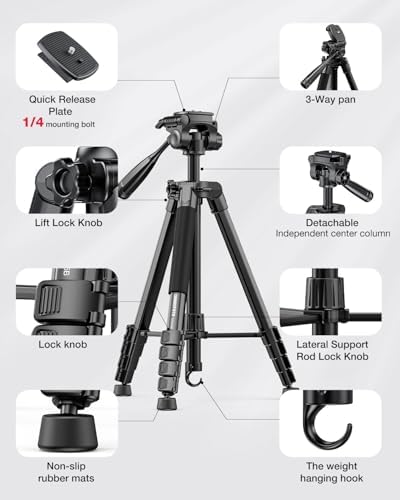 CAMBOFOTO 73" Camera Tripod and Monopod, Aluminum Tripod Stand/Black - Image 6