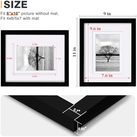 Egofine 8x10 Picture Frames Set of 4, Made of Solid Wood Covered by Plexiglass 4x6 and 5x7 with Mat or 8x10 without Mat, for Table Top Display and Wall Mounting Photo Frame Black - Image 3
