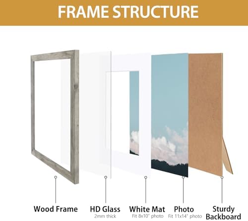Califortree Gray 11x14 Picture Frame - Display Photos 8x10 with Mat or 11x14 Without Mat - HD Glass Inside, Display for Wall - Image 4