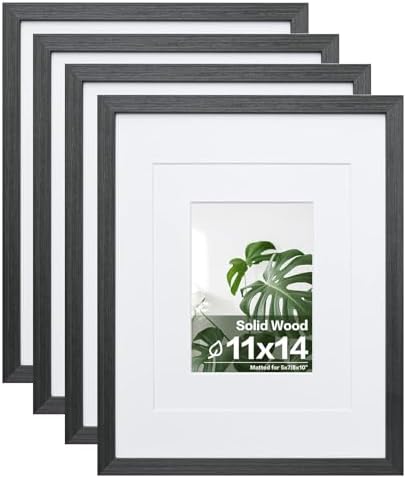 Egofine 11x14 Picture Frames Set of 4, Made of Solid Wood Covered by Plexiglass 5x7 and 8x10 with Mat or 11x14 without Mat, for Table Top Display and Wall Mounting Photo Frame Rustic Black by Egofine