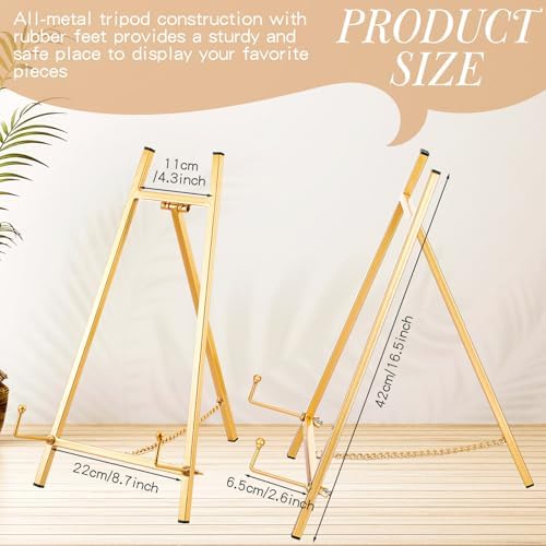 Leinuosen 2 Pcs Metal Easel Stand 16.5" H x 8.7" W x 4.3" D Table Top Easel Stand for Display Tripod Art Picture Mirror Modern Plate Holder for Display Book Photo Wedding Sign (Gold) - Image 2