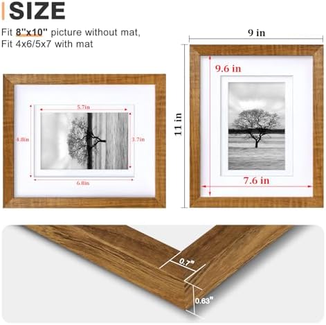 Egofine 8x10 Picture Frames Set of 4, Made of Solid Wood Covered by Plexiglass 4x6 and 5x7 with Mat or 8x10 without Mat, for Table Top Display and Wall Mounting Photo Frame, Teak Wood - Image 3