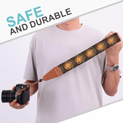 Padwa Lifestyle Yellow Sun God Camera Strap - 2" Full Grain Leather Ends Camera Straps for Photographers, Vintage Embroidered Cotton Soft Suede Fabric Padded Strap Quick Release fits All Cameras - Image 4