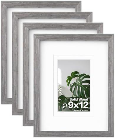 Egofine 9x12 Picture Frames Set of 4, Made of Solid Wood Covered by Plexiglass 5x7 and 6x8 with Mat or 9x12 without Mat, for Table Top Display and Wall Mounting Photo Frame Light Grey by Egofine