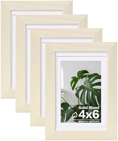 Egofine 4x6 Picture Frames Set of 4, Made of Solid Wood Covered by Plexiglass 3x4.5 and 3.5x5 with Mat or 4x6 without Mat, for Table Top Display and Wall Mounting Photo Frame Beige by Egofine