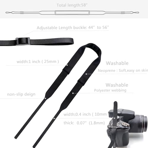Camera Neck Strap Thin,Binocular Strap with Neoprene Padding,Camera Lanyard,Digital Mirrorless Camera Strap for Photographers,Washable,Black,58 Inch - Image 6