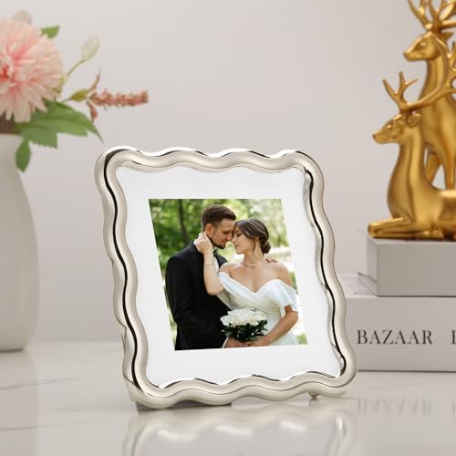 High-End Silver 4x4'' Square Zinc Alloy Picture Frames,with Acid Free Mat for 3x3'',Unique Wave Design Picture Frame with Premium Soft Velvet & Backing for Tabletop or Home Decor - Image 2