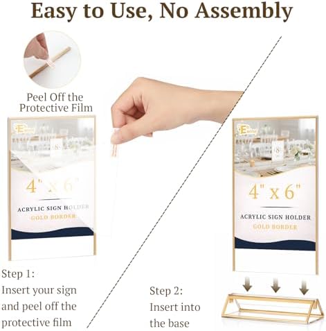 EHWINE 6 Pack Acrylic Sign Holder 4 x 6, Double Sided Gold Picture Frame Stand up Table Top Sign Holders, Clear Display Stand Menu Flyer Holder for Wedding Party - Image 6