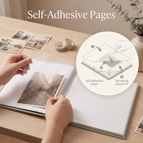 Self-Adhesive Scrapbook Album 11 × 10.6 In, Linen Cover, Sage Green - Image 3