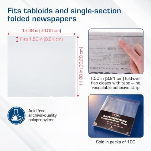 BCW Newspaper Bags – 100ct | Acid-Free Newspaper Protector Sleeves | 13 3/8" x 11 7/8" | 1½" Fold-Over Flap Closure | Clear Archival Newspaper Storage Bags - Image 5