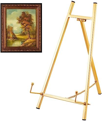 Leinuosen 2 Pcs Metal Easel Stand 16.5" H x 8.7" W x 4.3" D Table Top Easel Stand for Display Tripod Art Picture Mirror Modern Plate Holder for Display Book Photo Wedding Sign (Gold) by Leinuosen