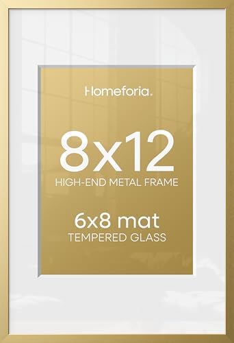 Homeforia 8x12 Gold Picture Frame, High-End Metal, 6x8 Mat, Glass by Homeforia