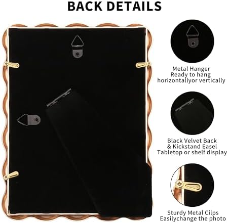 Gold 10x12'' Heavy-Duty Zinc Alloy Picture Frames with Acid Free Mat for 8x10'',Wave Design Gold Picture Frame 10x8'' with Black Premium Velvet Backing,for Desktop and Wall Hanging. - Image 5