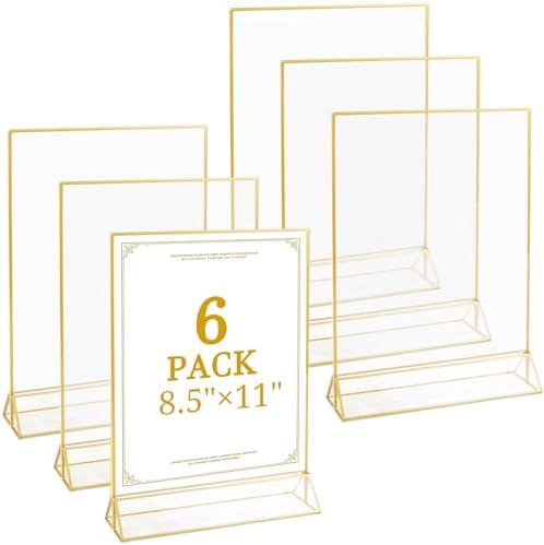 Floroom 6 Pack 8.5x11 Inch Clear Acrylic Sign Holders, Double-Sided Gold Display Stand Picture Frames for Table Numbers, Menus, Flyers, Weddings, and Offices by Floroom
