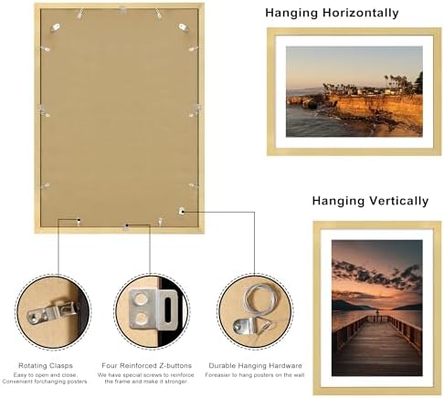 20x28 Poster Frame Set of 2, 20 x 28 Wood Picture Frames with Mat for 16x24, Wooden Photo Frame with Tempered Glass Cover for Wall Mounting Display, Gold - Image 4