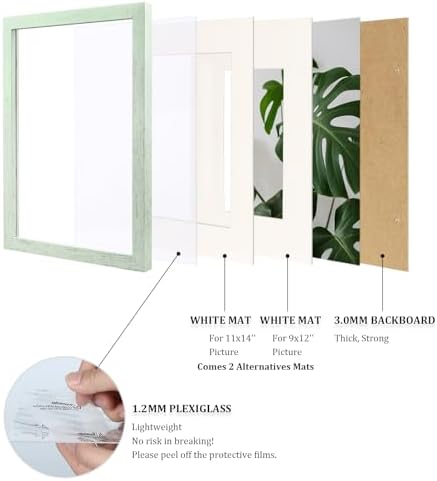 Egofine 12x16 Picture Frames Set of 4, Made of Solid Wood Covered by Plexiglass 9x12 and 11x14 with Mat or 12x16 without Mat, for Wall Mounting Photo Frame Rustic Green - Image 4