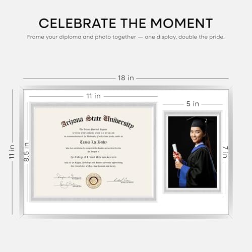 Homeforia 11x18 Silver Diploma Frame, High-End Metal, 8.5x11 & 5x7 Mat - Image 2